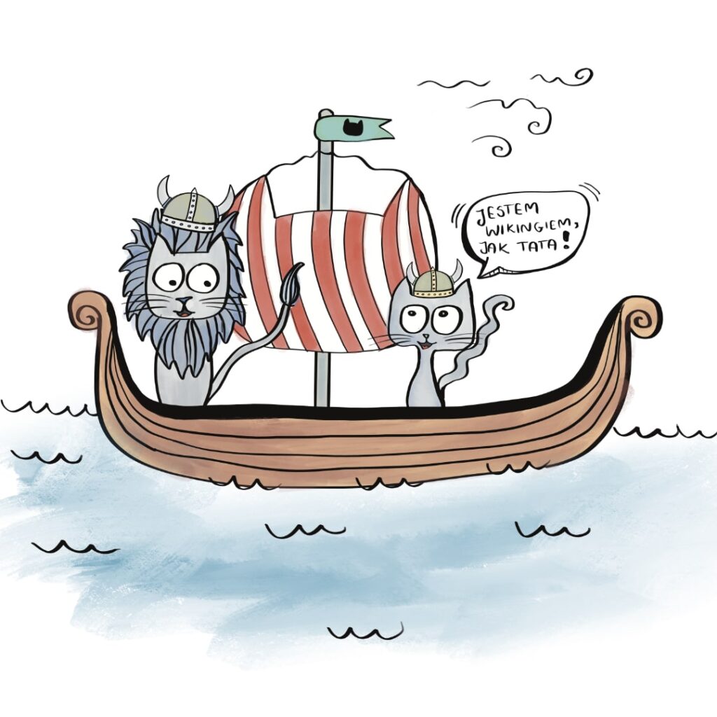 rawawik i erland płyną na łodzi kot wiking podróże książki dla dzieci o kocie wikingu