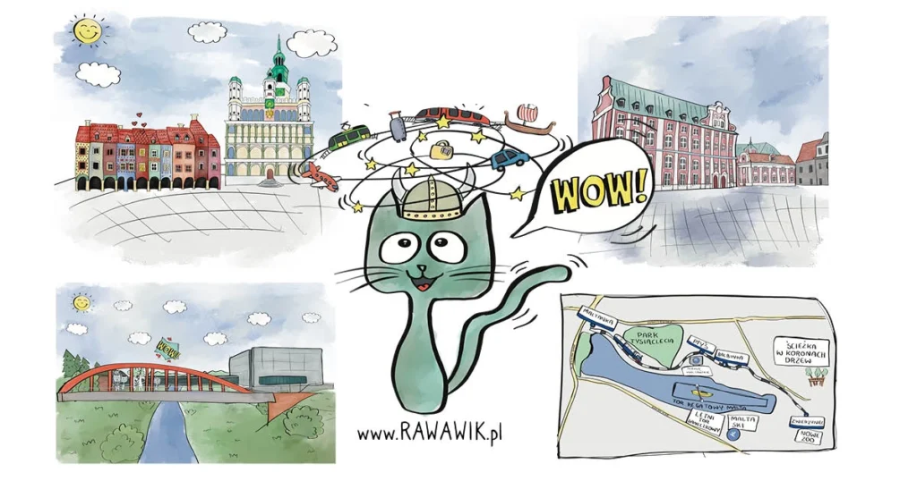 Rawawik zwiedza Poznań książka dla dzieci, seria travel. podróże z dzieckiem, Poznań, ratusz Poznański, domki budnicze, malta brama poznania, zwiedzaj Poznań