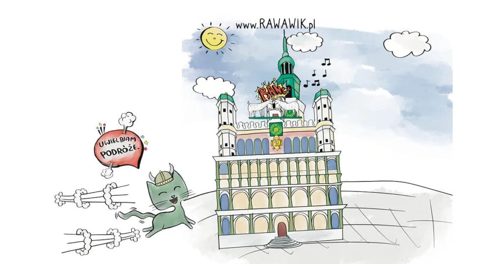 Rawawik zwiedza Poznań książka dla dzieci, seria travel. podróże z dzieckiem, Poznań, ratusz Poznański, domki budnicze, zwiedzaj Poznań